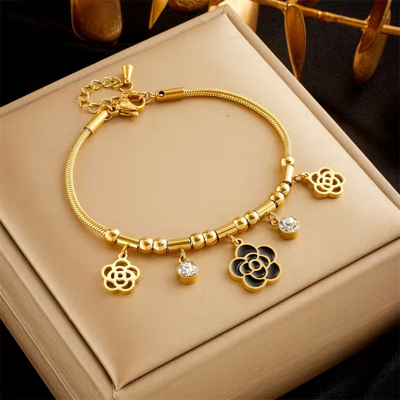 Golden Camellia Bloom Charm Bracelet with Crystal Accents