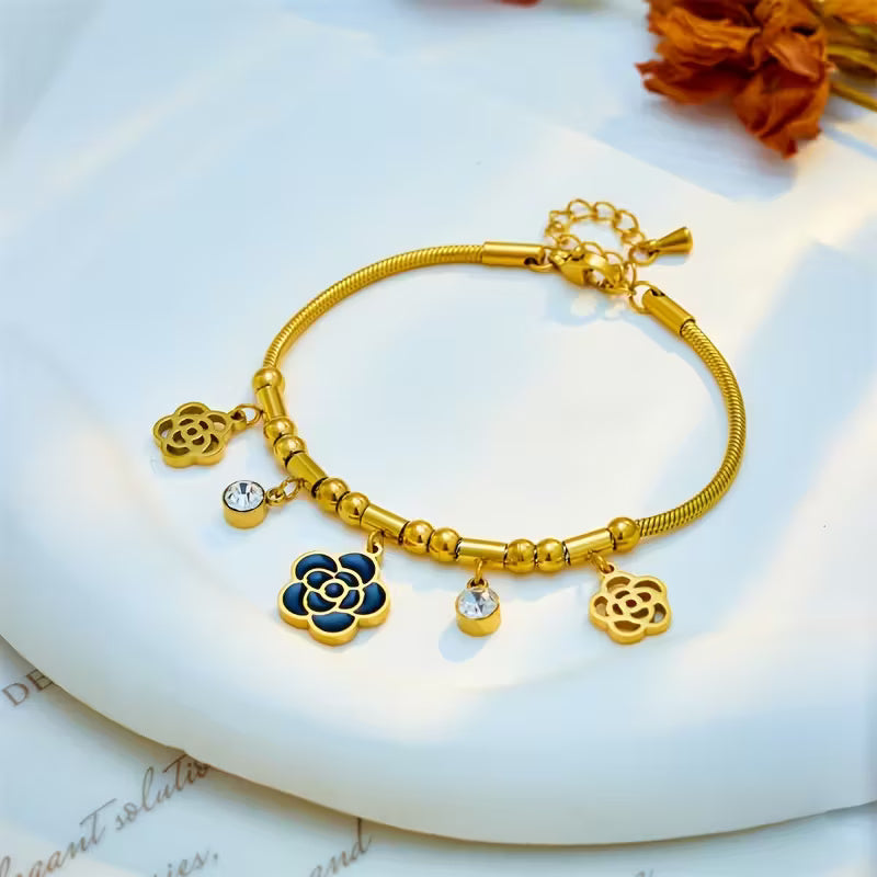 Golden Camellia Bloom Charm Bracelet with Crystal Accents