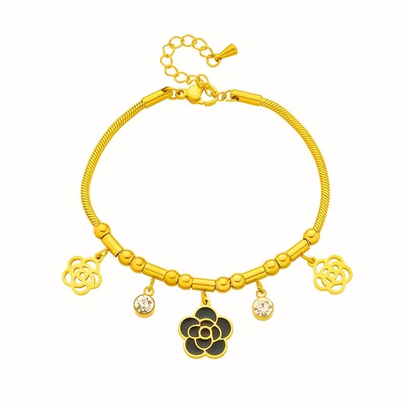 Golden Camellia Bloom Charm Bracelet with Crystal Accents