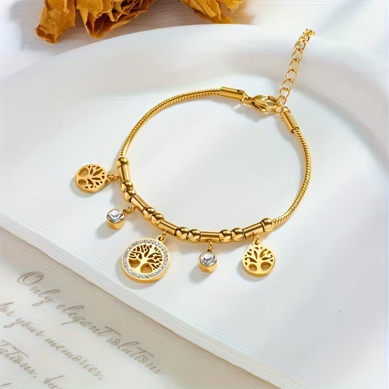 Golden Tree of Life Charm Bracelet with Sparkling Accents