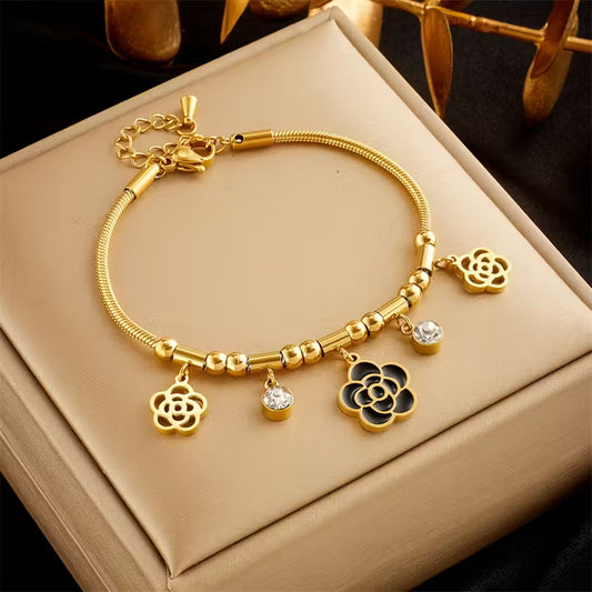 Golden Camellia Bloom Charm Bracelet with Crystal Accents