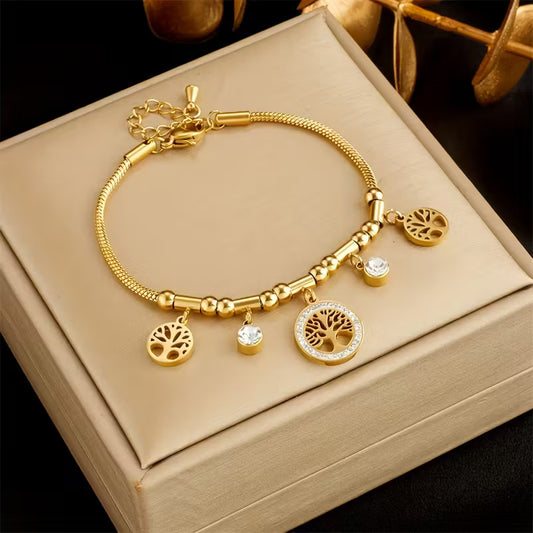 Golden Tree of Life Charm Bracelet with Sparkling Accents